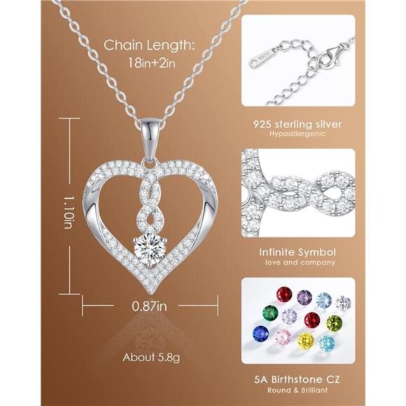 Infinity Heart Birthstone Necklaces Women 18k Gold Plated 925 Sterling Silver - Picture 4 of 7
